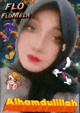 a woman in a hijab is surrounded by flowers and the words flo flomela alhamdulillah