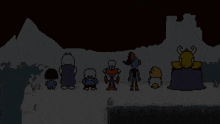 a group of cartoon characters standing in front of a mountain
