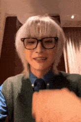 a young man with white hair and glasses is wearing a green vest and tie .