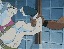 a cartoon character is flexing his muscles while a man holds his arm
