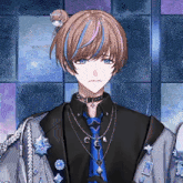 a boy with blue and pink hair is wearing a choker and a tie