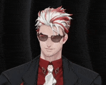 a man in a suit and tie is wearing sunglasses and a red shirt .