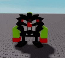 a cartoon character with green arms and red gloves is standing on a gray surface .