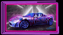 a drawing of a car with a neon frame around it and a signature on it