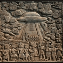 a stone carving of a group of people standing next to each other and a flying saucer .