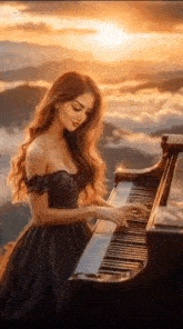 a woman in a black dress is playing a piano in the mountains at sunset .