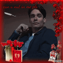 a picture of a man holding a knife with the words can u nut in me pls on the bottom