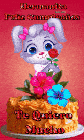 a birthday card with a cartoon bunny holding a rose