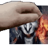 a pixel art of a hand covering a man 's face in front of an explosion .