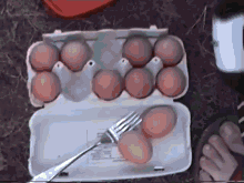 a box of eggs with a fork in it on a table