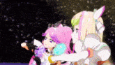 two anime girls are standing next to each other and one has pink hair