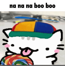 a drawing of hello kitty wearing a colorful hat