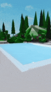 a swimming pool surrounded by trees and a house in a video game