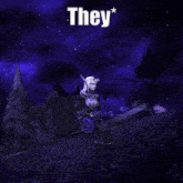 a video game character is sitting on a rock with the words they * above her