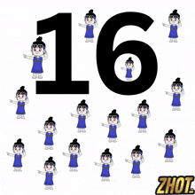 the number 16 is surrounded by a bunch of girls