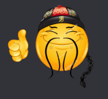 a cartoon smiley face with a mustache and a hat giving a thumbs up