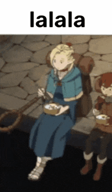 a woman in a blue dress is sitting on a bench holding a bowl of food and the word lalala is above her