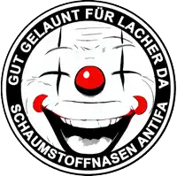 a sticker with a clown face and the words gut gelaunt fur lacher da schaumstoffnasen antifa