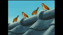 a group of birds standing on top of a stone wall