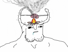 a drawing of a man 's head with smoke coming out of it and a fire coming out of his brain .