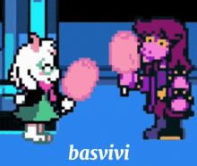 a pixel art of a girl holding a pink cotton candy and a sheep holding a pink cotton candy .