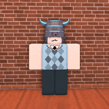 a roblox character is standing in front of a brick wall and has horns on his head
