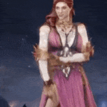 a woman in a pink dress and gloves is standing in a dark room .