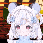 a girl with white hair and pink eyes is wearing a maid outfit and a mouse headband .
