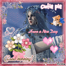 a picture of a woman with flowers and hearts says " good morning "
