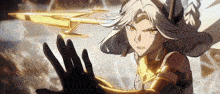 a female anime character is holding a sword in her hand and looking at the camera .