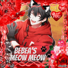 a picture of a boy with cat ears and the words " bebea 's meow meow " on it