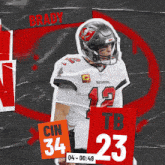 a poster for brady shows him wearing a helmet and number 12
