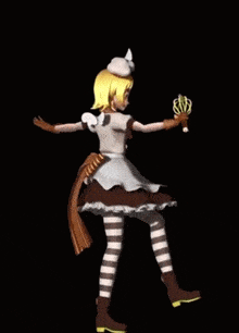 a 3d rendering of a girl in a striped skirt holding a whisk .