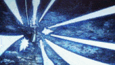 a painting of a person with a sword surrounded by blue light