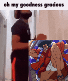 a man with a beard is standing next to a picture of a man with his legs crossed