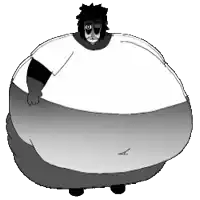 a cartoon character with a very large belly is wearing a white shirt and black pants .