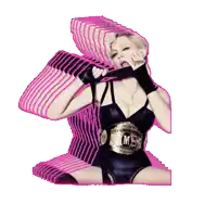 a woman in a black bodysuit with a belt that says m on it