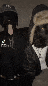 a man and a dog are standing next to each other with their tongues out