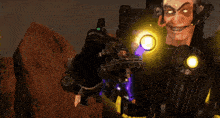 a cartoon character is holding a gun in front of a large robot