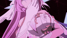 a girl with purple hair and white wings is holding something