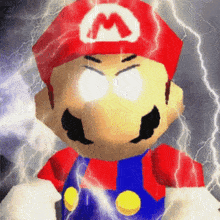 a cartoon character with a red hat and a white m on his hat