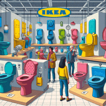 a cartoon illustration of people shopping for toilets at ikea