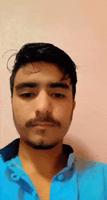 a young man with a beard and mustache is wearing a blue shirt and looking at the camera .