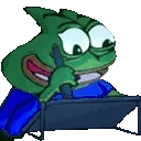 a pixel art of a frog sitting in front of a computer screen .