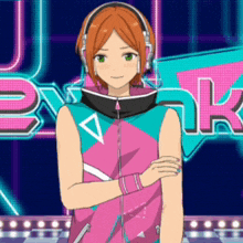 a girl wearing headphones is standing in front of a sign that says ' pink '