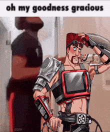 a cartoon of a man drinking from a bottle with the words oh my goodness gracious