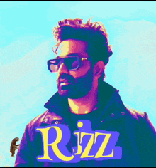 a man wearing sunglasses and a black jacket with the name rizz on it