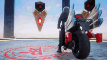 a person riding a motorcycle in a room with chinese symbols on the ground
