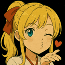 a girl with blonde hair and blue eyes is blowing a kiss and holding a heart in her hand