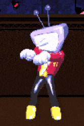a pixel art drawing of a robot with a red shirt and yellow shoes